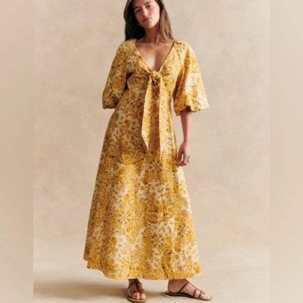 NWT Sezane Neomie in Alcazar Ocre Tie Front Linen Cotton Maxi Dress 44 / US 12